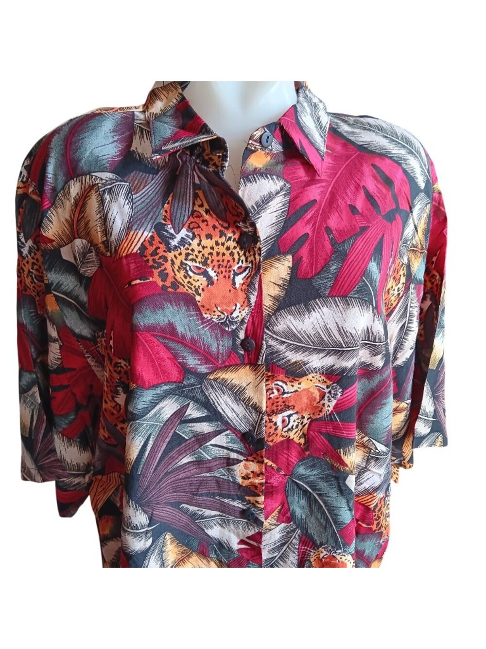 20W XL Vintage Shirt Tropical Leopard Print New DS True Rayon Padded Granny 90's